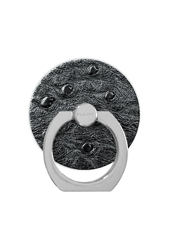 Black Ostrich Faux Leather Adhesive Phone Ring Stand