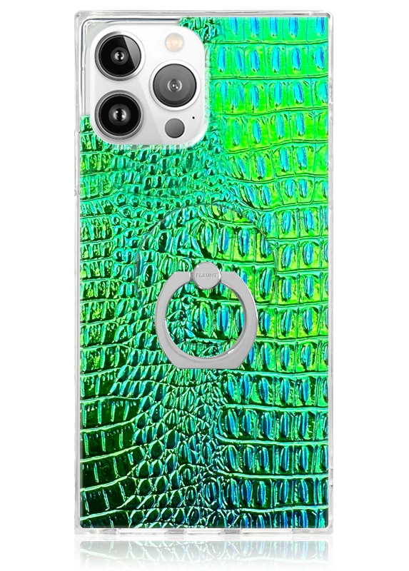 Green Iridescent Crocodile Faux Leather Adhesive Phone Ring Stand - Image 3